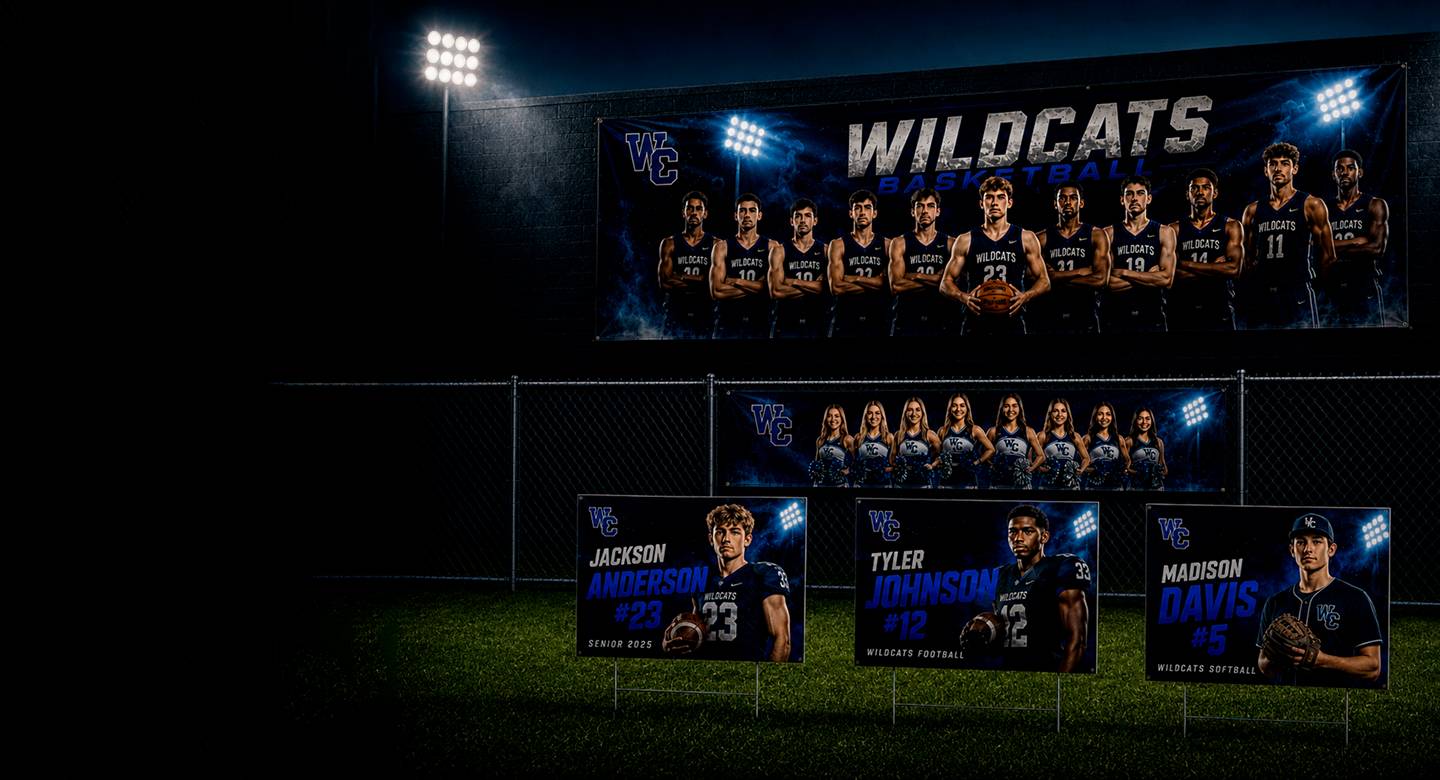 Finished team banners and yard signs in the field